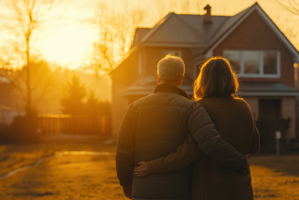 Paar vor Haus im Sonnenuntergang